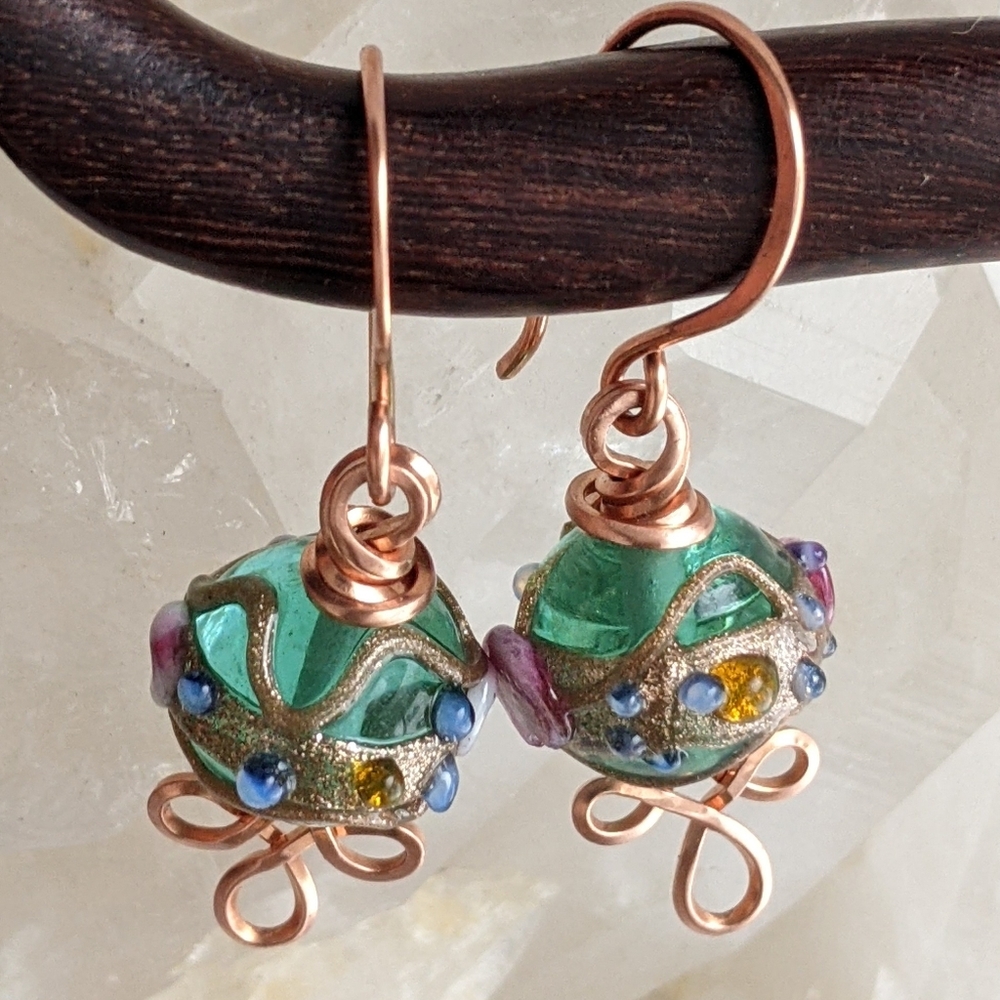 Venetian Emerald Glass Bead Earrings Copper Wire Wrap Colorful Handmade - Picture 9 of 14